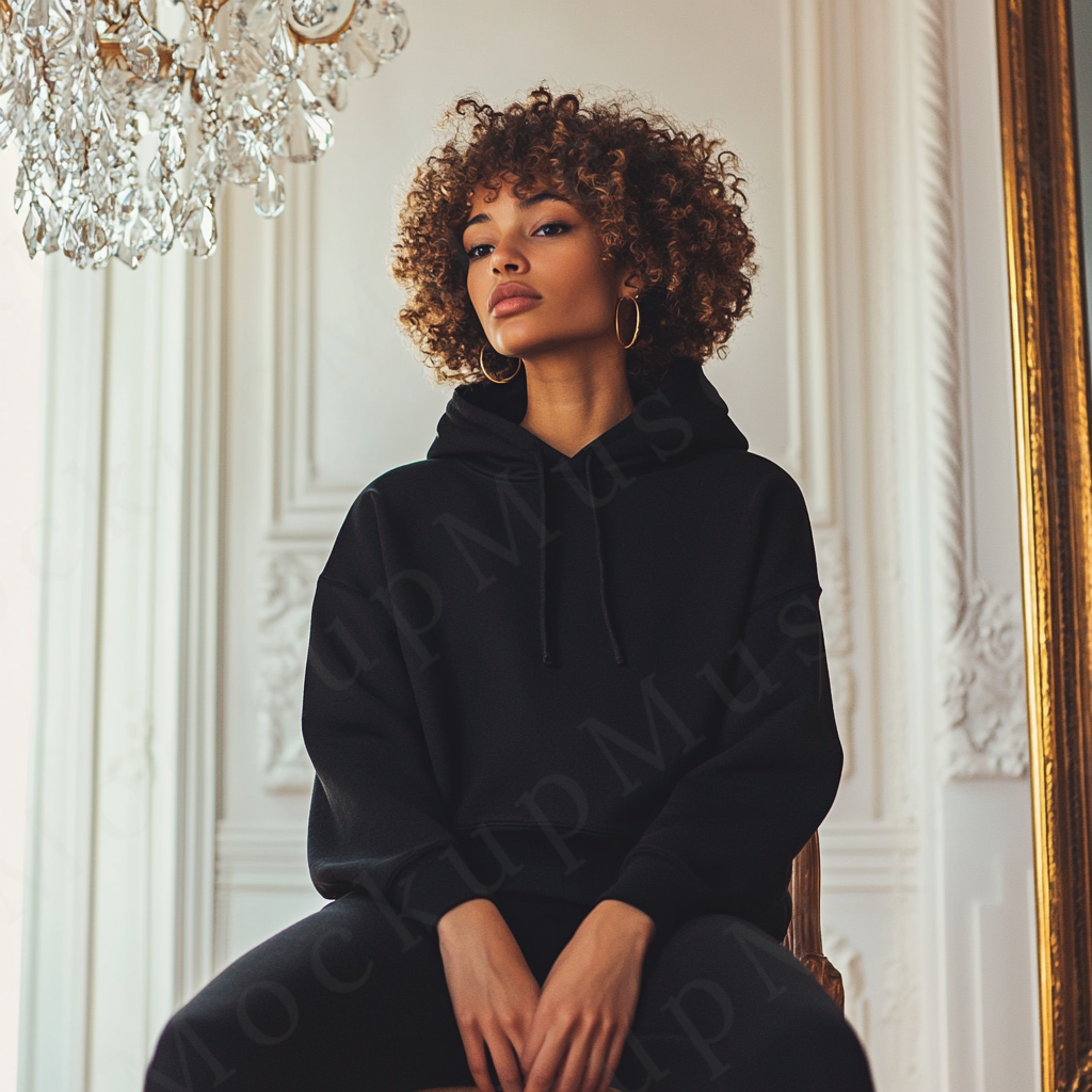 women’s black hoodie mockup, chandelier interior lifestyle scene, gildan 18500, front view, digital download for Etsy and Sho