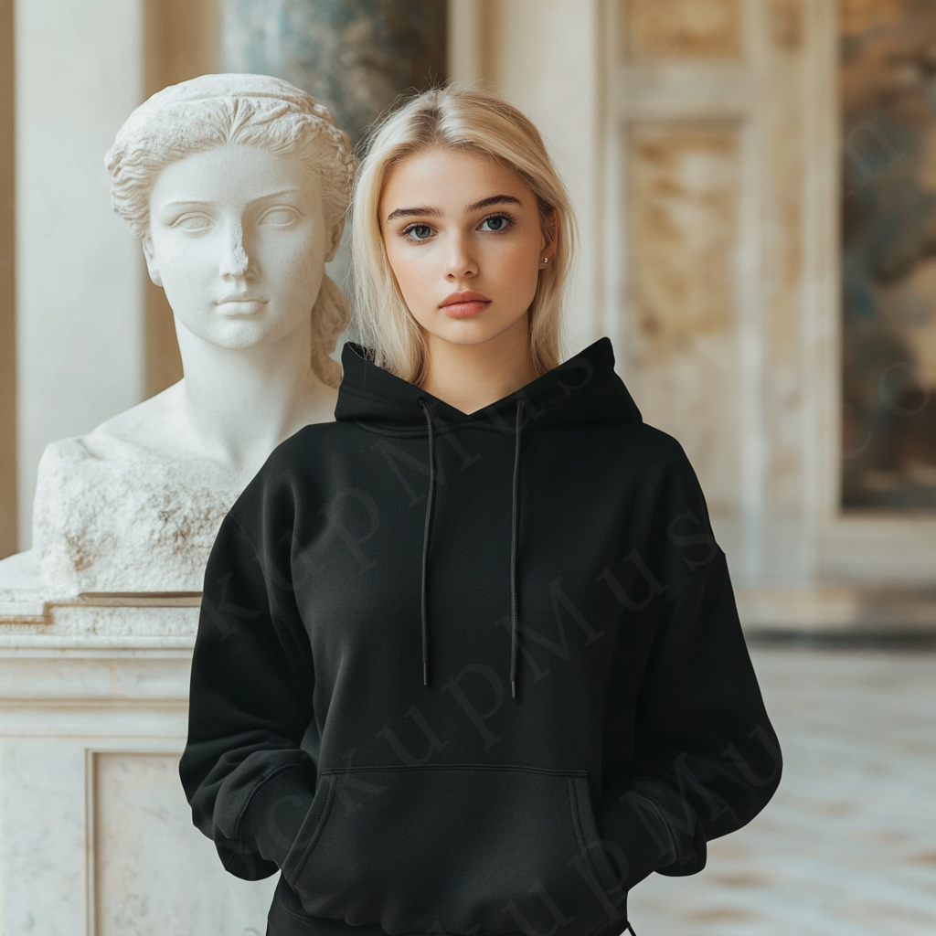 women’s black hoodie mockup, museum statue lifestyle scene, gildan 18500, front view, digital download for Etsy and Shopify