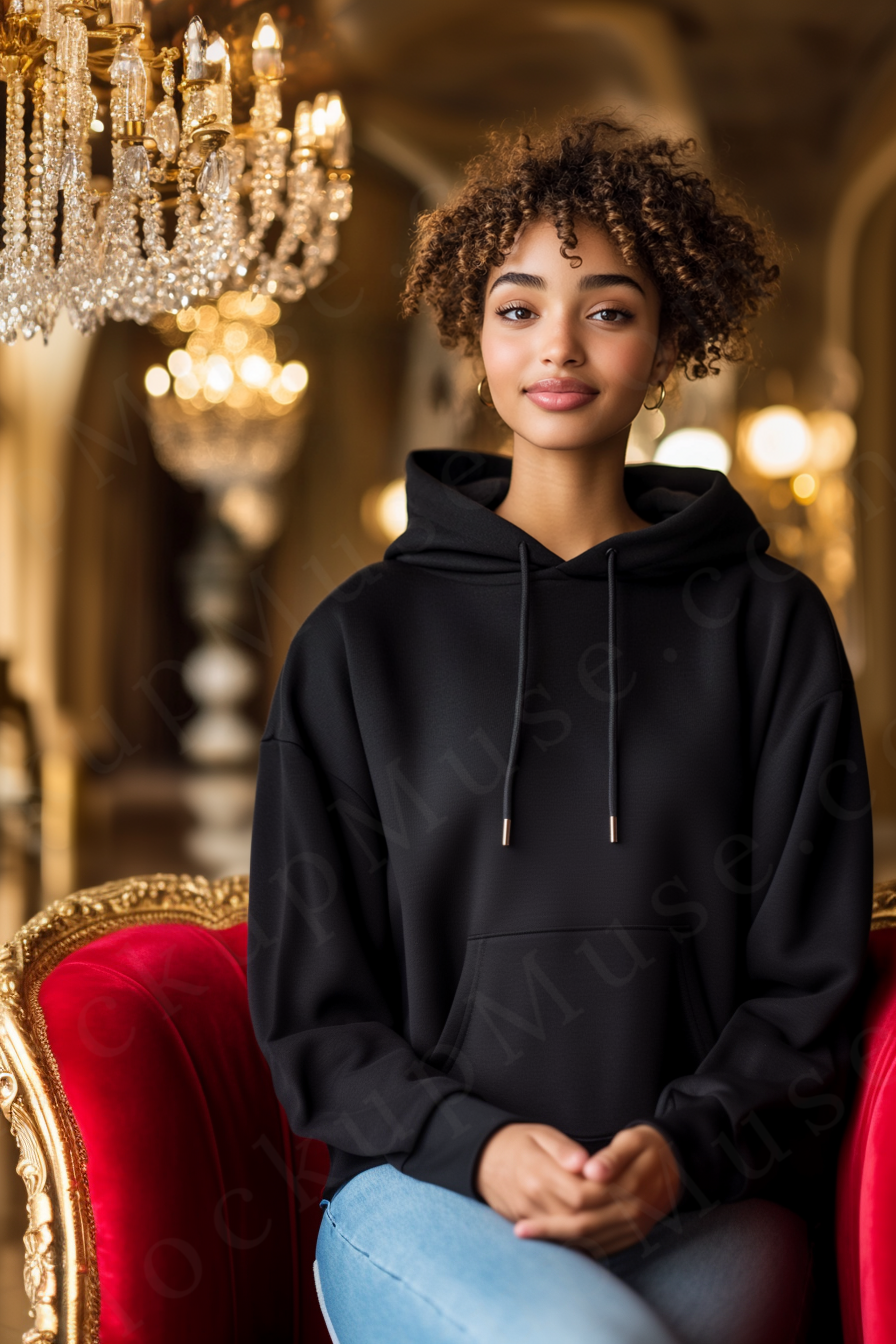 women’s black hoodie mockup, palace interior lifestyle scene, gildan 18500, front view, digital download for Etsy and Shopify
