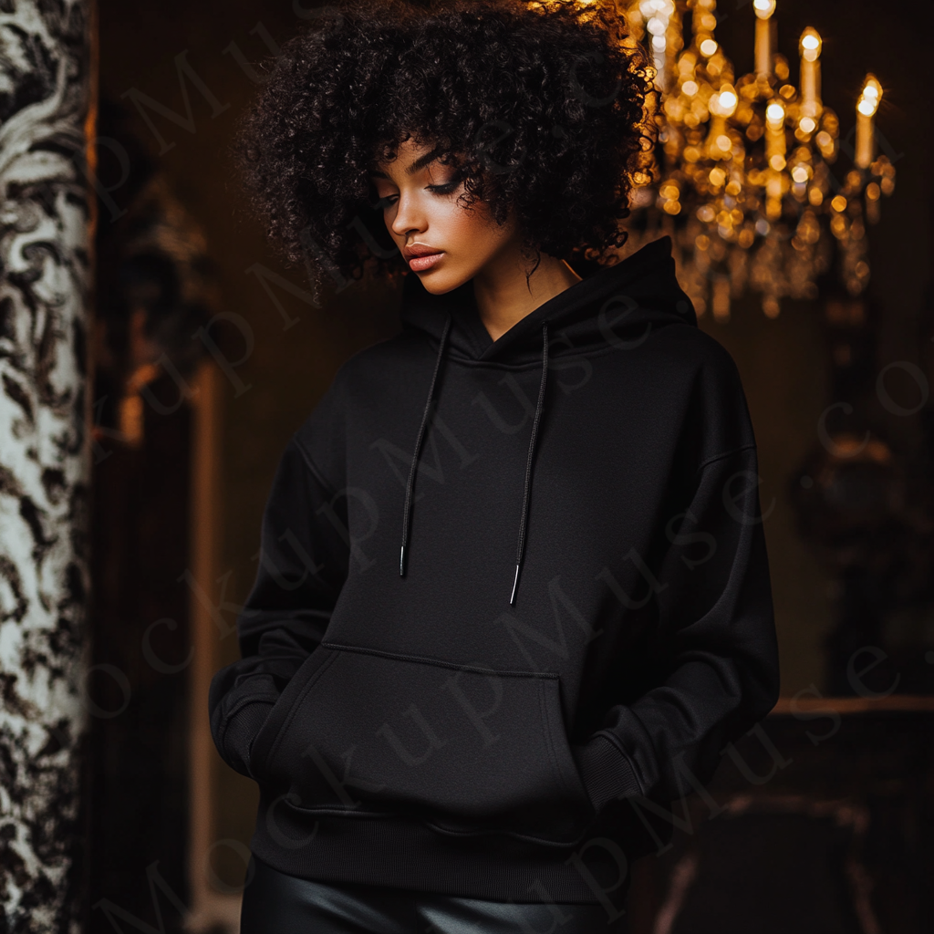 women’s black hoodie mockup, chandelier interior lifestyle scene, gildan 18500, front view, digital download for Etsy and Sho