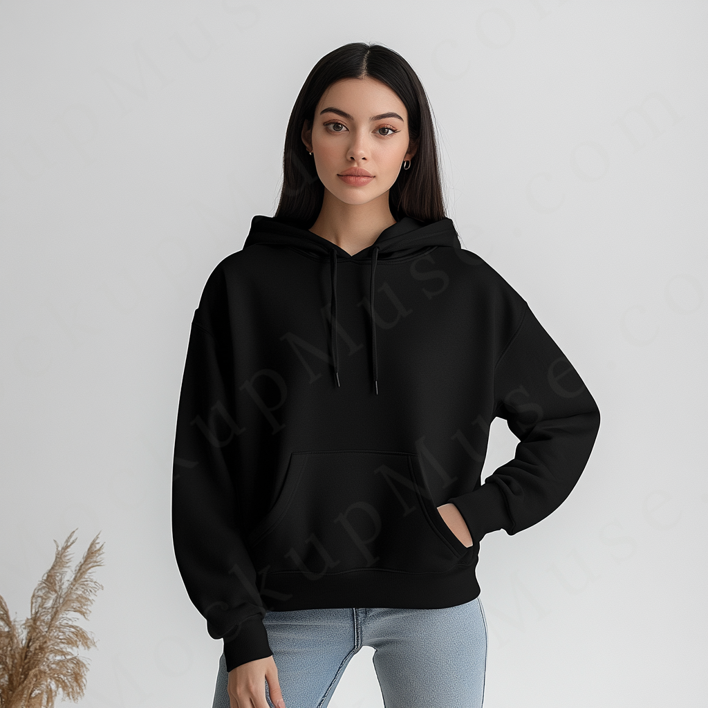 women’s black hoodie mockup, white studio scene, gildan 18500, front view, digital download for Etsy and Shopify