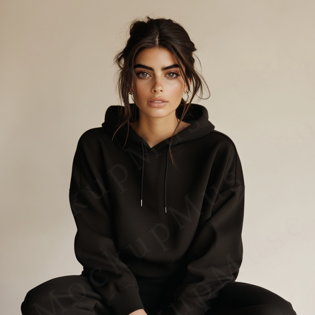 women’s black hoodie mockup, neutral studio scene, gildan 18500, front view, digital download for Etsy and Shopify