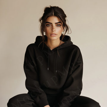 women’s black hoodie mockup, neutral studio scene, gildan 18500, front view, digital download for Etsy and Shopify