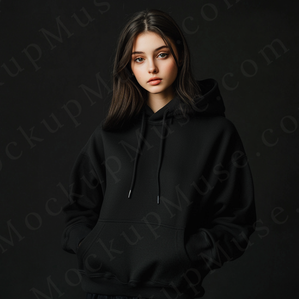 women’s black hoodie mockup, dark studio scene, gildan 18500, front view, digital download for Etsy and Shopify