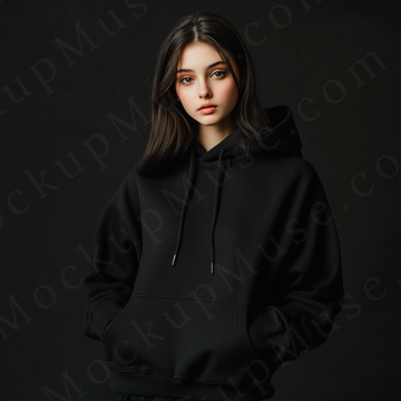 women’s black hoodie mockup, dark studio scene, gildan 18500, front view, digital download for Etsy and Shopify
