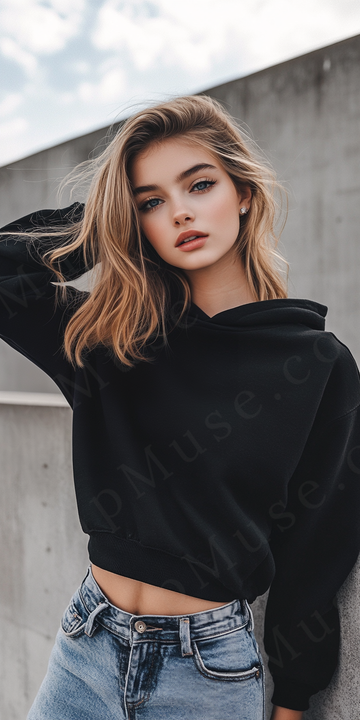 women’s black hoodie mockup, city street lifestyle scene, gildan 18500, front view, digital download for Etsy and Shopify
