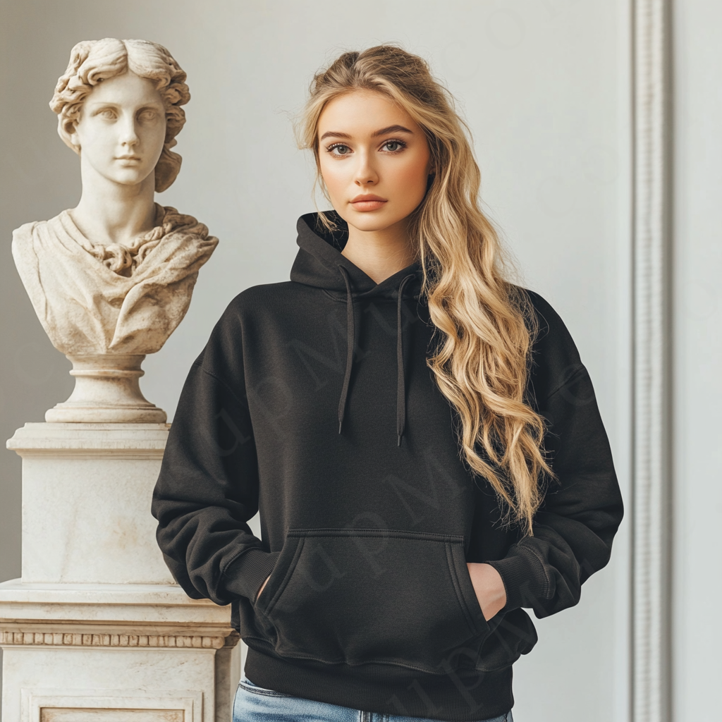 women’s black hoodie mockup, museum statue lifestyle scene, gildan 18500, front view, digital download for Etsy and Shopify