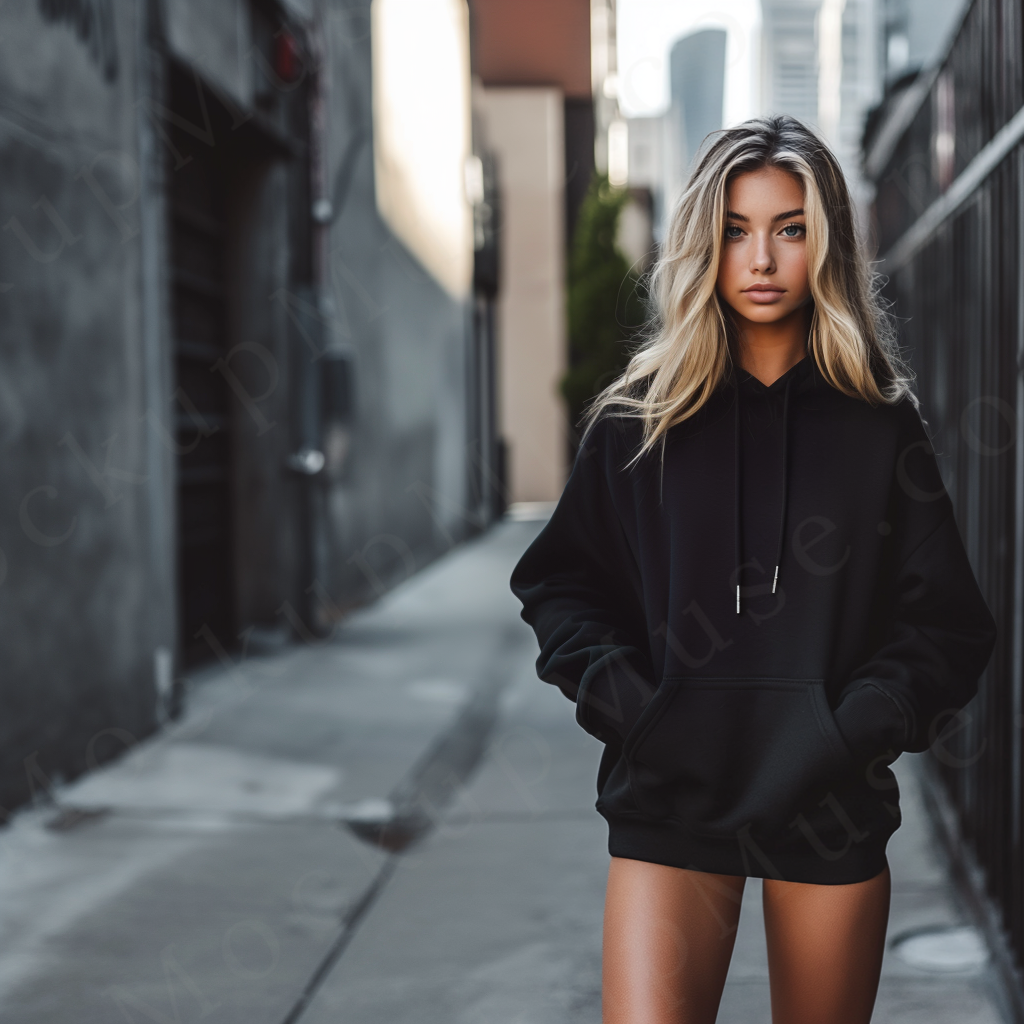 women’s black hoodie mockup, city alley lifestyle scene, oversized fit, gildan 18500, front view, digital download for Etsy a