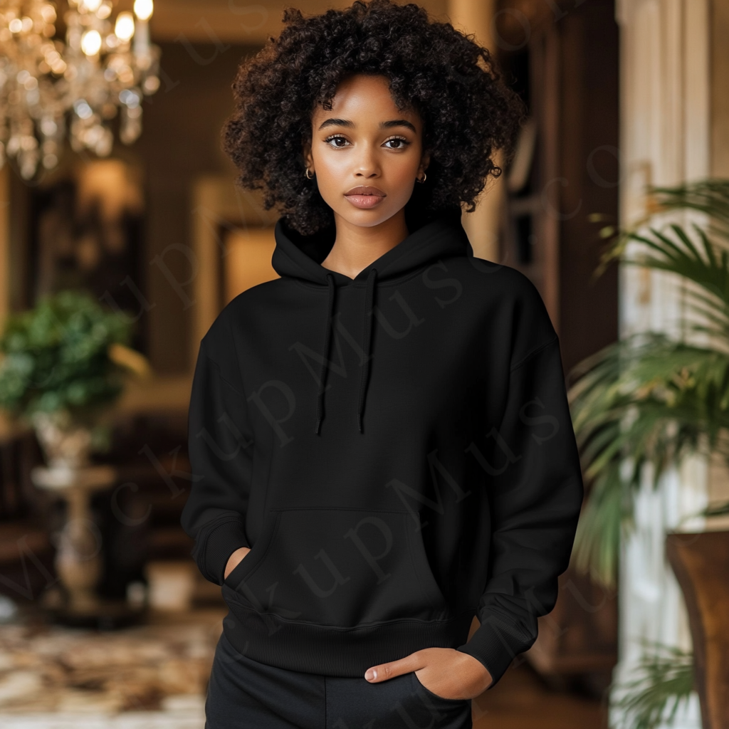 women’s black hoodie mockup, indoor greenery lifestyle scene, gildan 18500, front view, digital download for Etsy and Shopify
