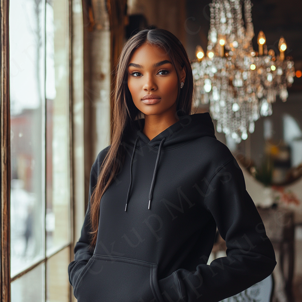 women’s black hoodie mockup, indoor loft lifestyle scene, gildan 18500, front view, digital download for Etsy and Shopify