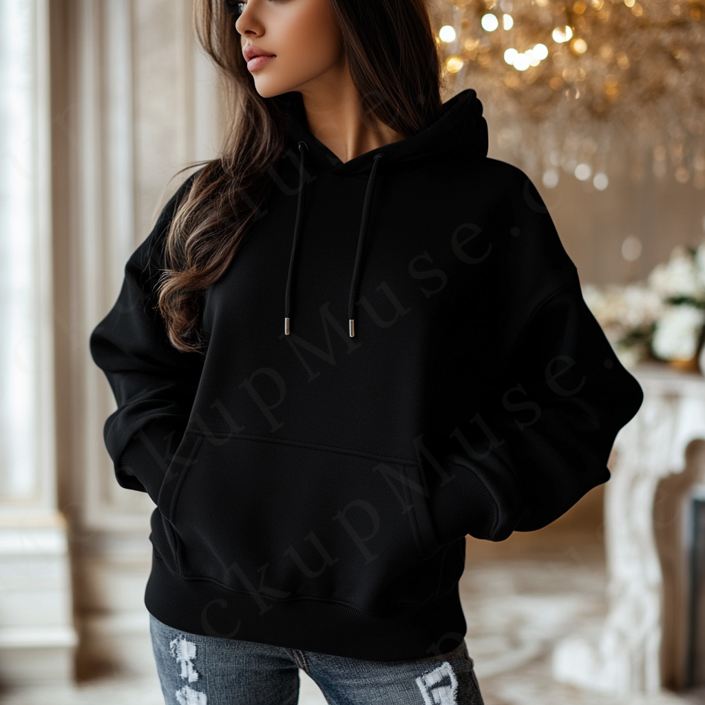 women’s black hoodie mockup, chandelier interior lifestyle scene, gildan 18500, front view, digital download for Etsy and Sho