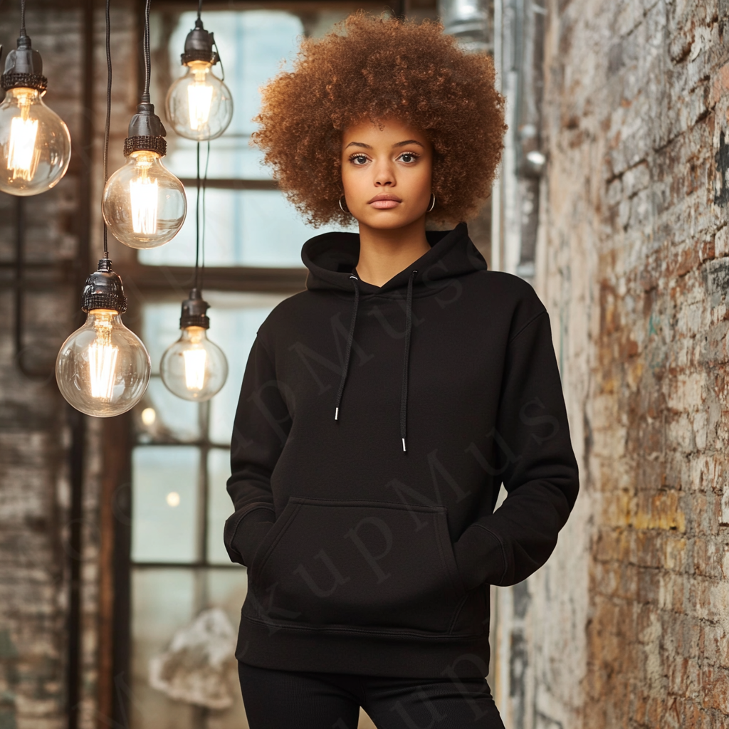 women’s black hoodie mockup, edison bulb interior lifestyle scene, gildan 18500, front view, digital download for Etsy and Sh