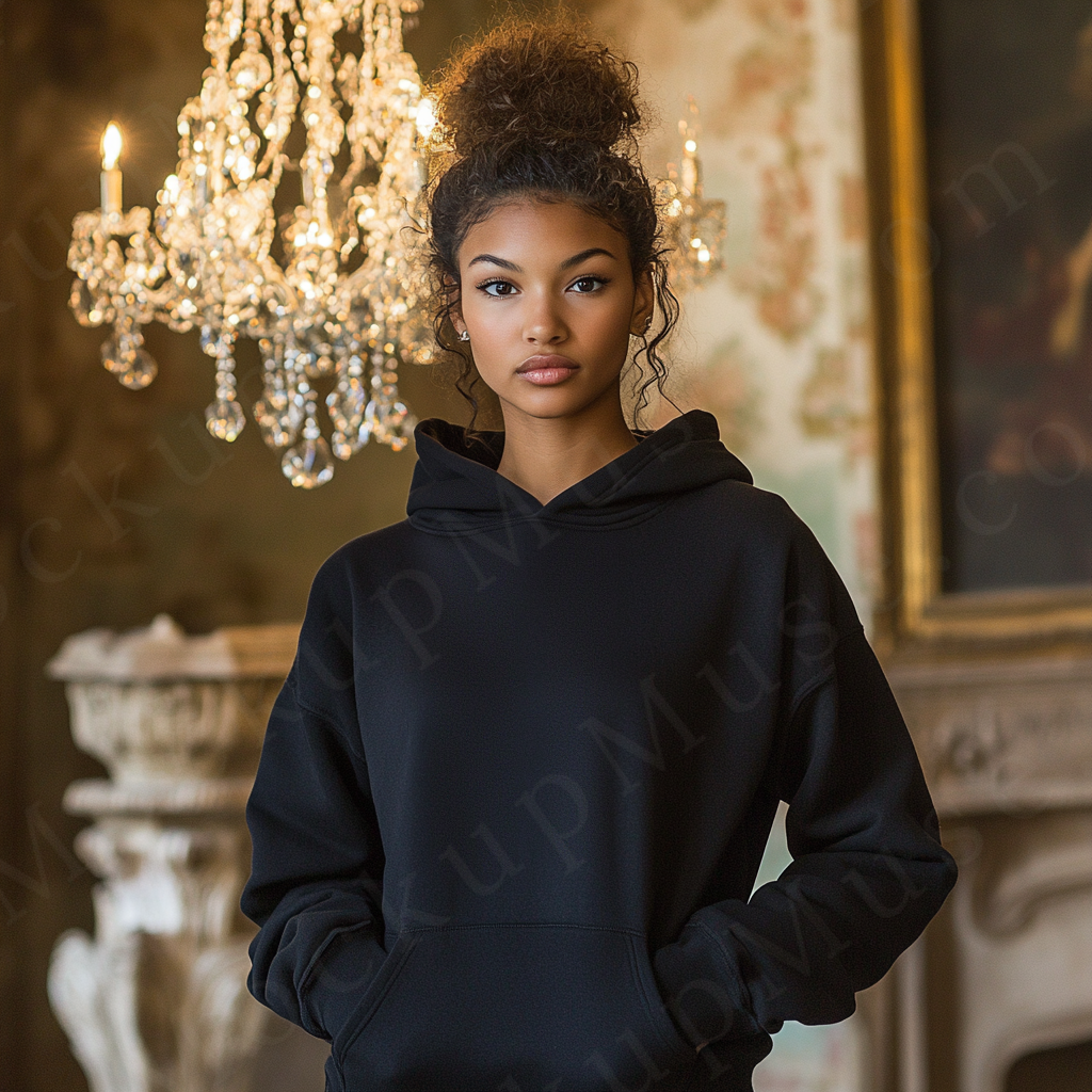 women’s black hoodie mockup, chandelier interior lifestyle scene, gildan 18500, front view, digital download for Etsy and Sho