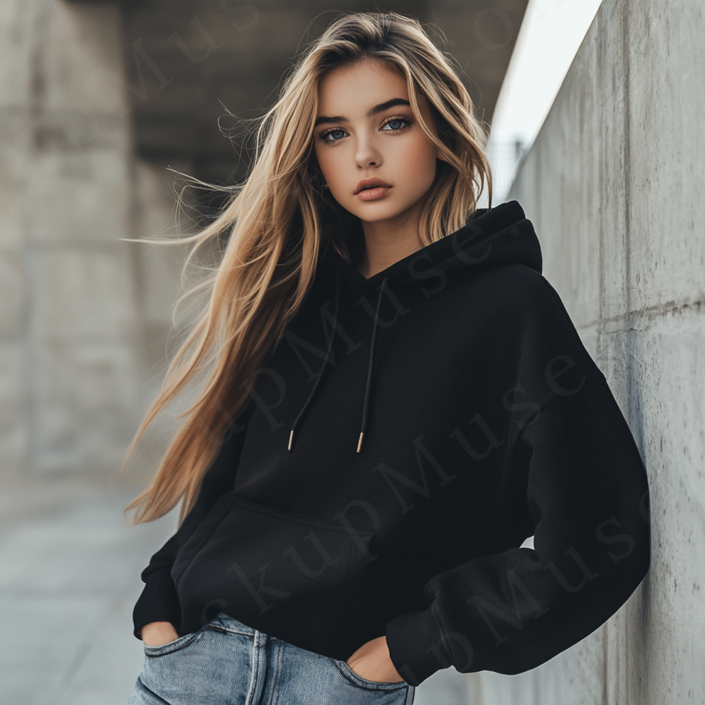 women’s black hoodie mockup, urban bridge lifestyle scene, gildan 18500, front view, digital download for Etsy and Shopify