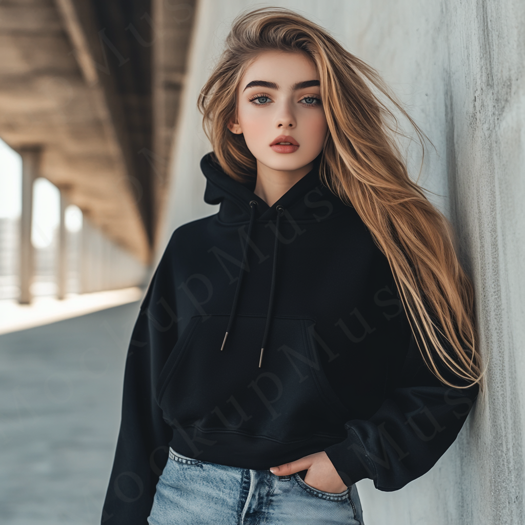 women’s black hoodie mockup, urban bridge lifestyle scene, gildan 18500, front view, digital download for Etsy and Shopify
