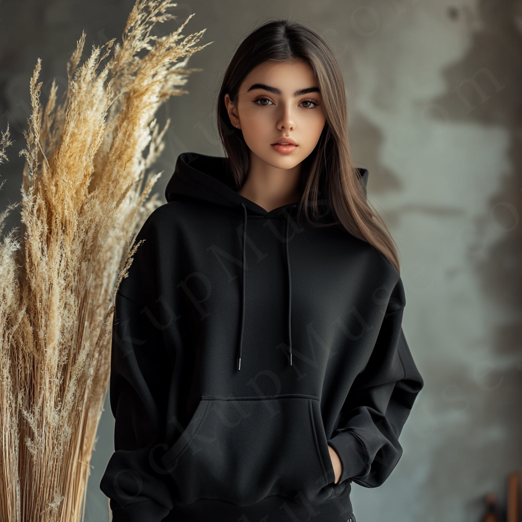 women’s black hoodie mockup, pampas lifestyle scene, gildan 18500, front view, digital download for Etsy and Shopify