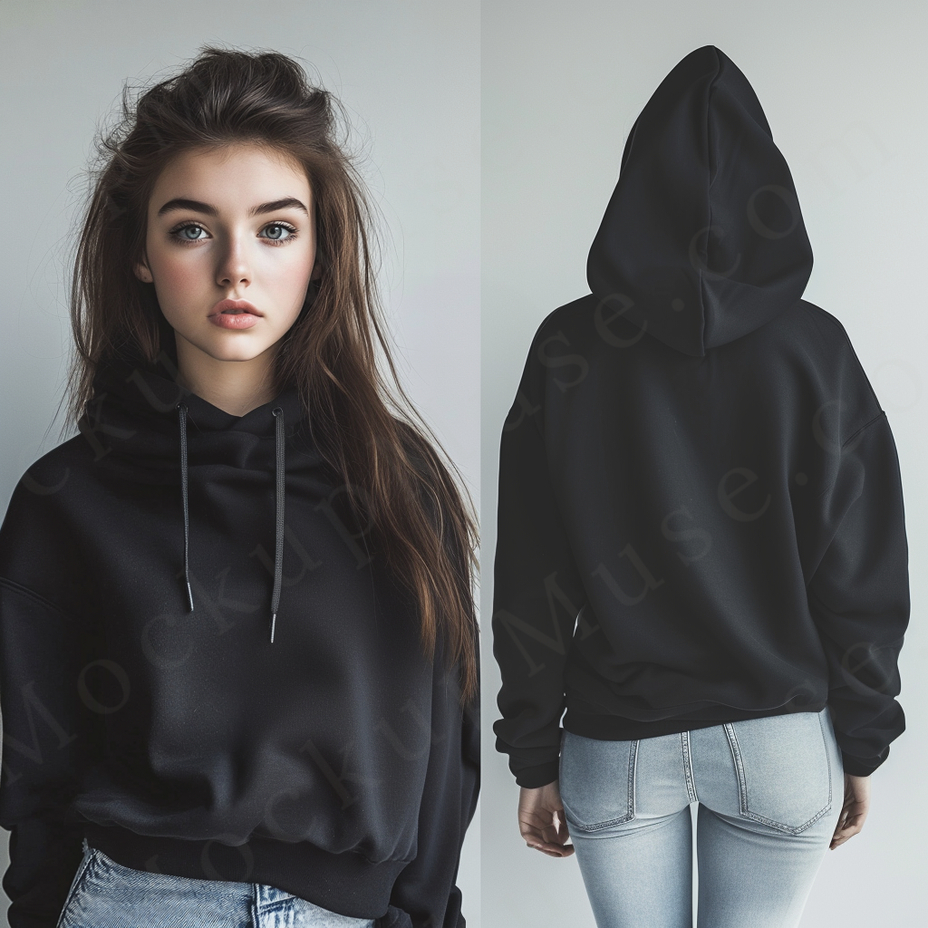 women’s black hoodie mockup, white studio scene, gildan 18500, front view, digital download for Etsy and Shopify
