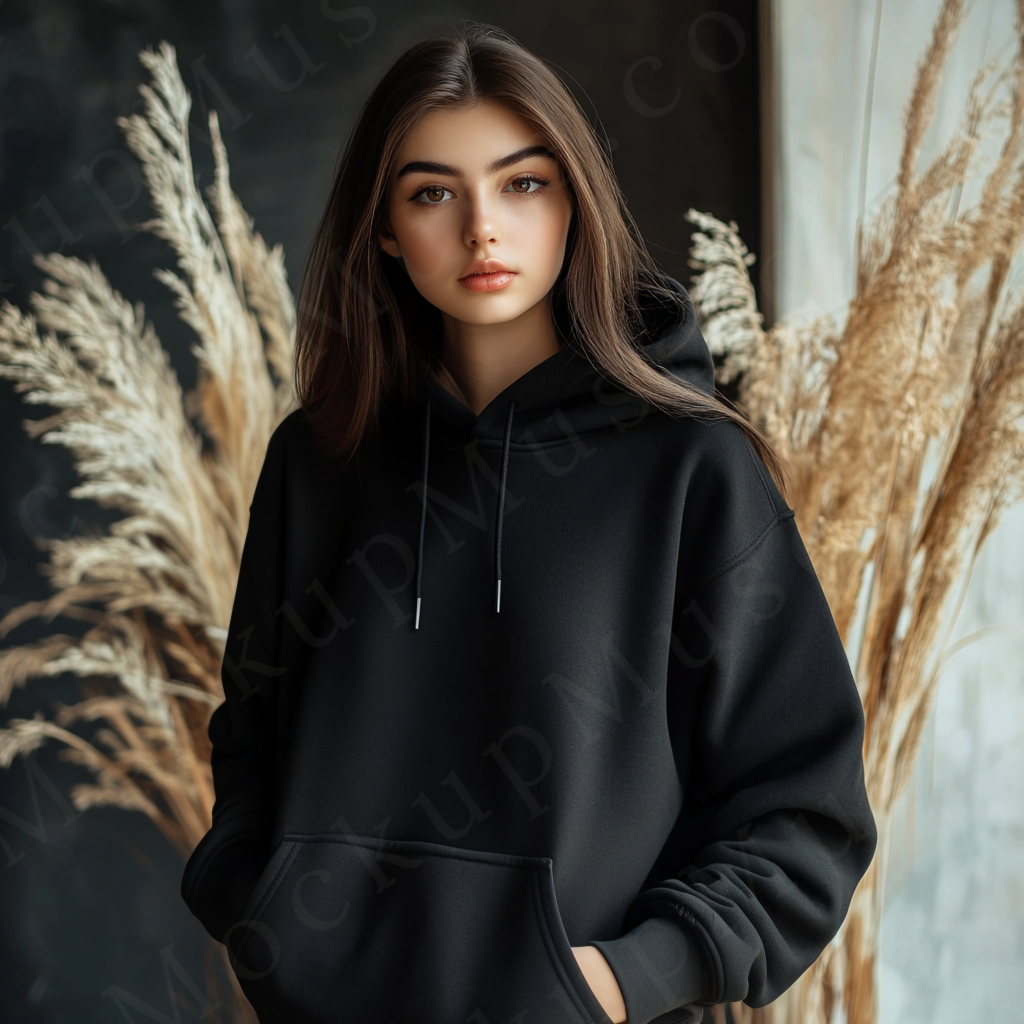 women’s black hoodie mockup, pampas lifestyle scene, gildan 18500, front view, digital download for Etsy and Shopify
