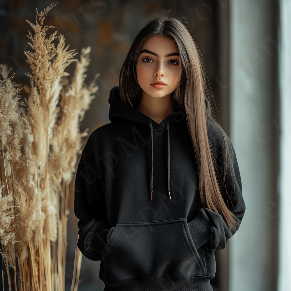 women’s black hoodie mockup, pampas lifestyle scene, gildan 18500, front view, digital download for Etsy and Shopify