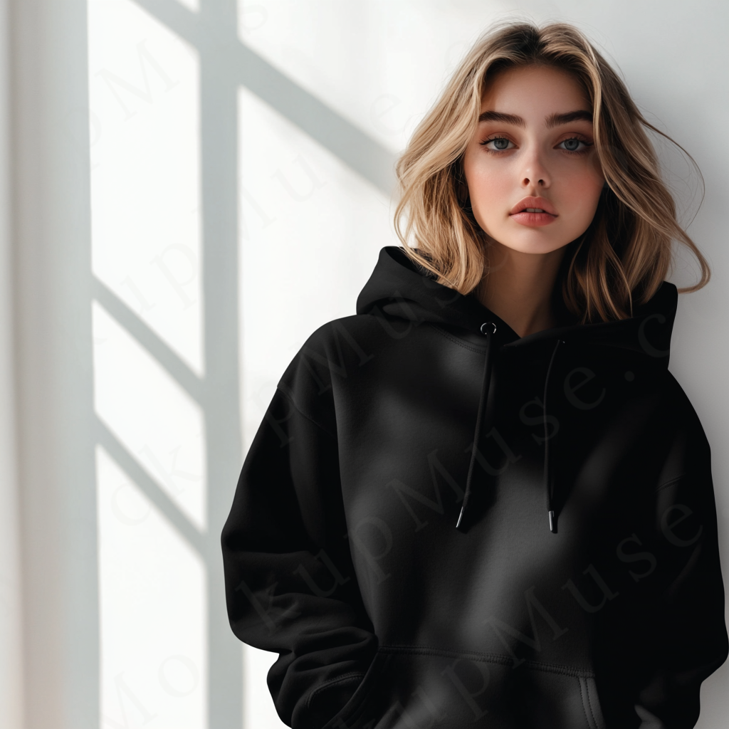 women’s black hoodie mockup, window light studio scene, gildan 18500, front view, digital download for Etsy and Shopify