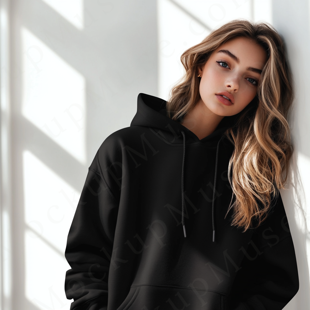 women’s black hoodie mockup, window light studio scene, gildan 18500, front view, digital download for Etsy and Shopify