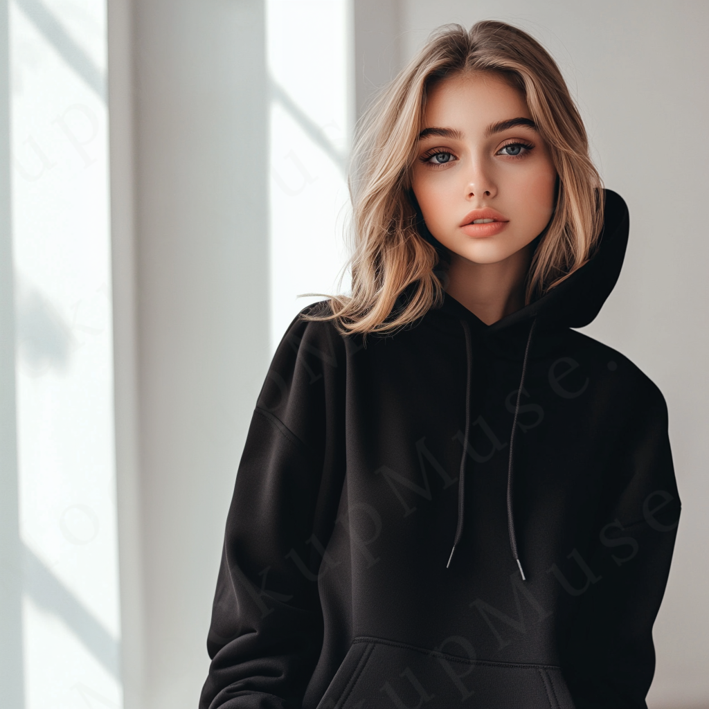 women’s black hoodie mockup, window light studio scene, gildan 18500, front view, digital download for Etsy and Shopify