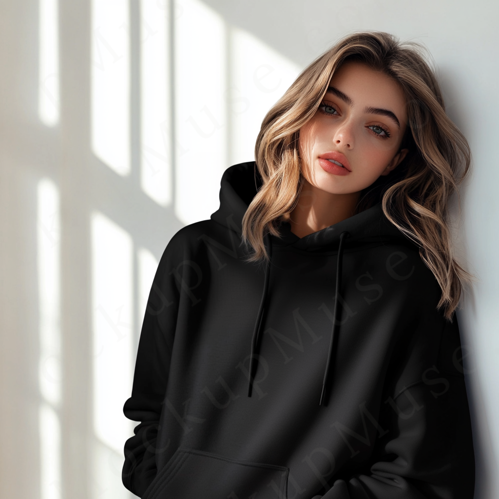 women’s black hoodie mockup, window light studio scene, gildan 18500, front view, digital download for Etsy and Shopify