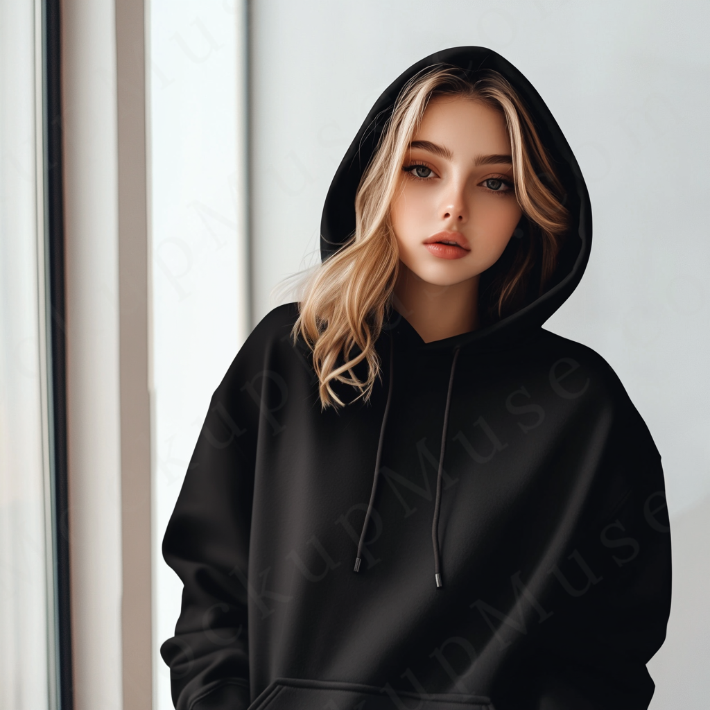 women’s black hoodie mockup, window light studio scene, gildan 18500, front view, digital download for Etsy and Shopify