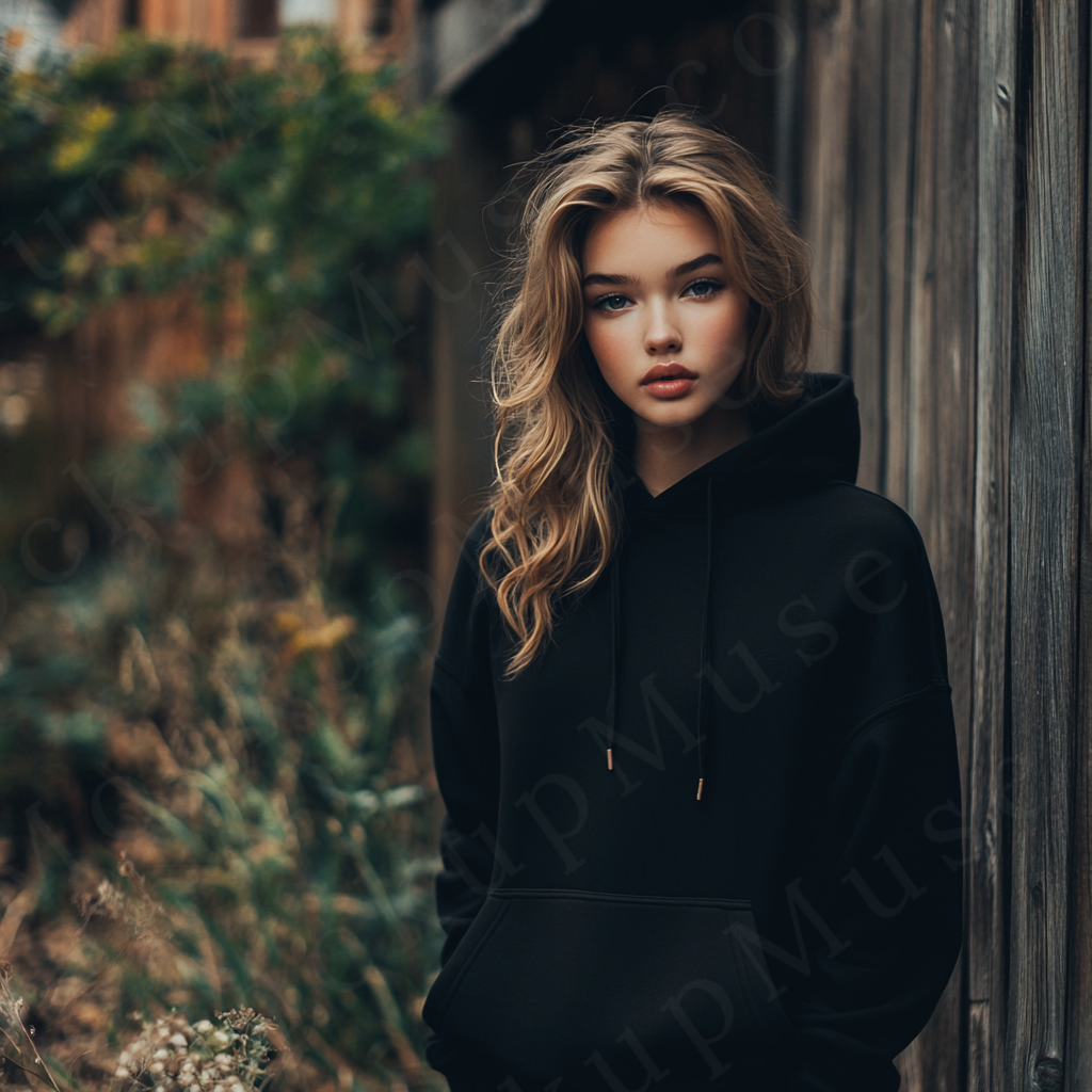 women’s black hoodie mockup, outdoor greenery lifestyle scene, gildan 18500, front view, digital download for Etsy and Shopif