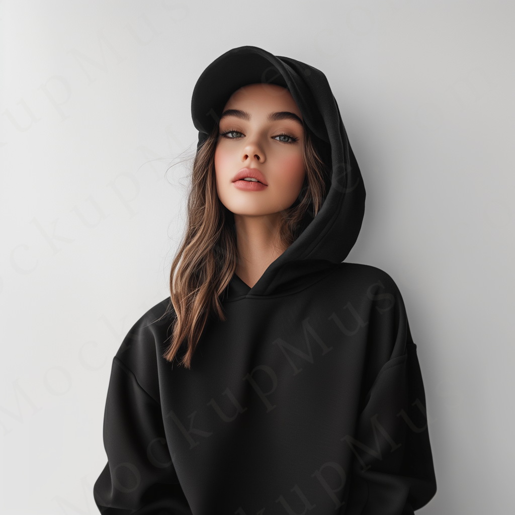 women’s black hoodie mockup, white studio scene, gildan 18500, front view, digital download for Etsy and Shopify