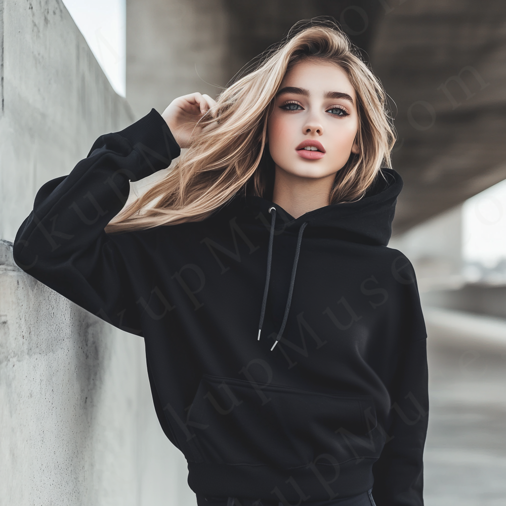 women’s black hoodie mockup, urban concrete lifestyle scene, gildan 18500, front view, digital download for Etsy and Shopify