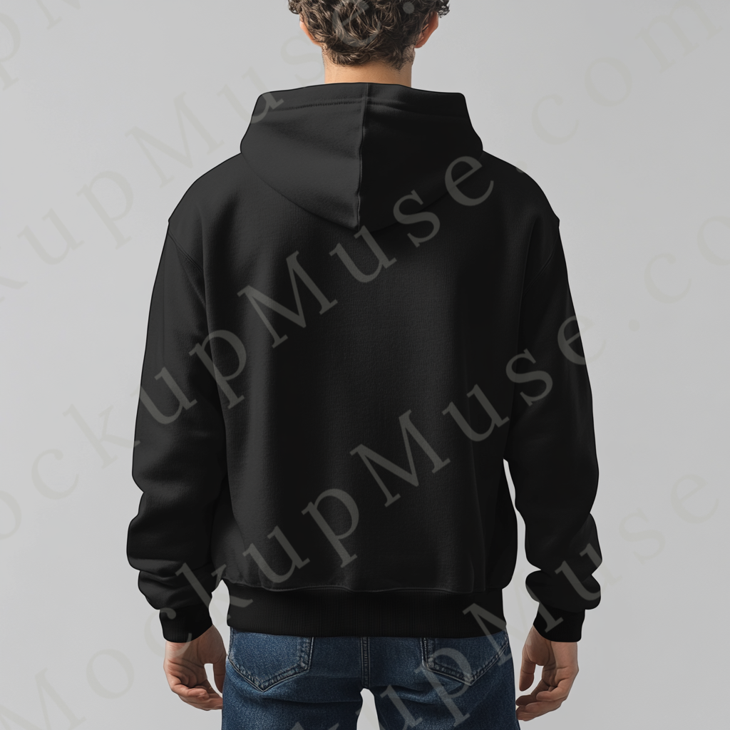 Men’s black Gildan 18500 hoodie mockup, studio scene, back view, digital download.
