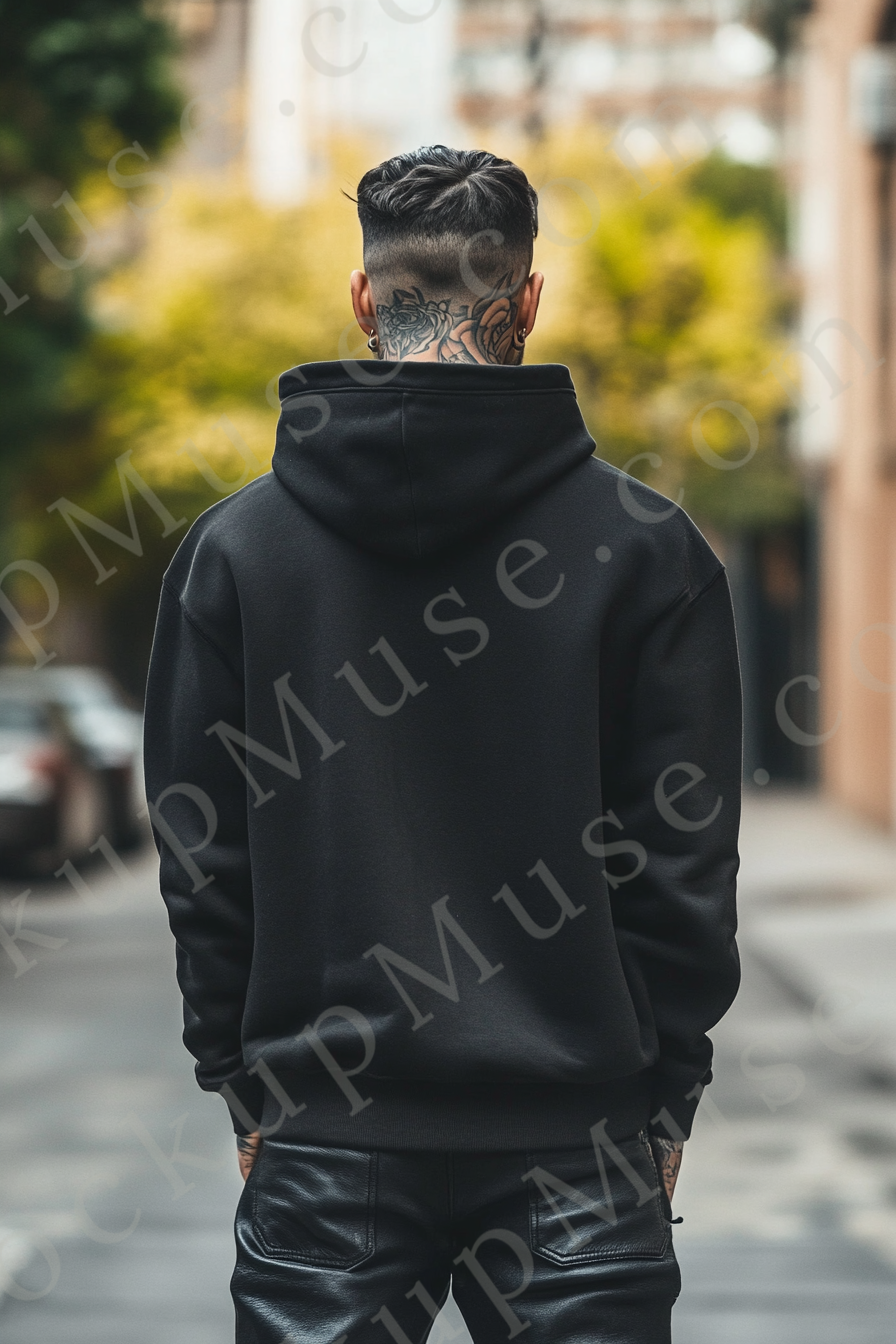 Men’s black Gildan 18500 hoodie mockup, city lifestyle scene, back view, digital download.