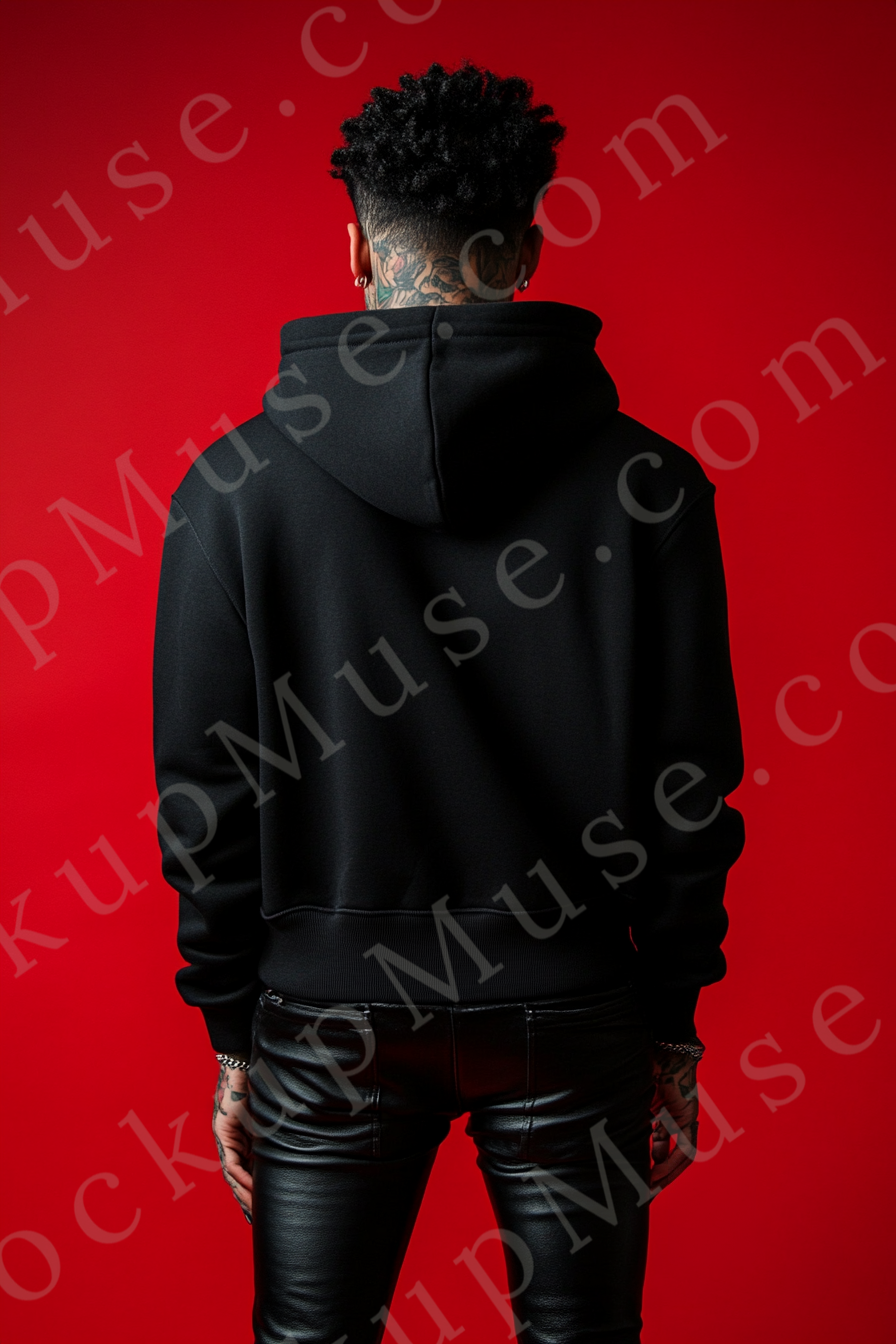 Men’s black Gildan 18500 hoodie mockup, editorial scene, back view, digital download.