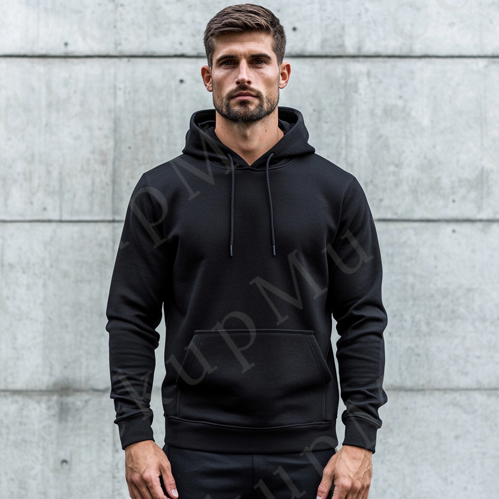 Men’s black Gildan 18500 hoodie mockup, city lifestyle scene, front view, digital download.