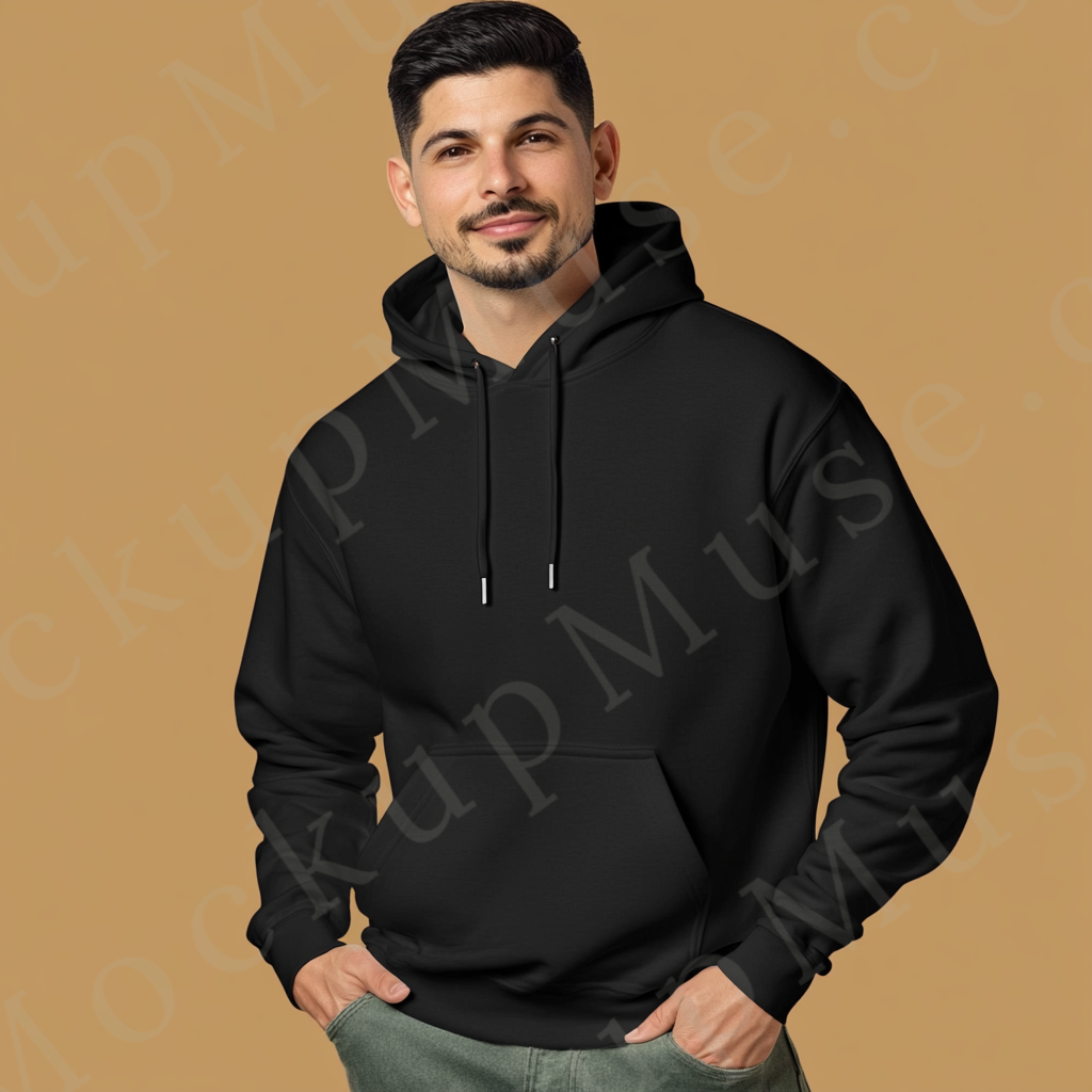Men’s black Gildan 18500 hoodie mockup, city lifestyle scene, front view, digital download.