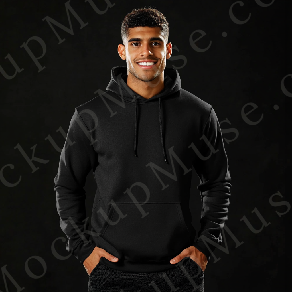 Men’s black Gildan 18500 hoodie mockup, city lifestyle scene, front view, digital download.