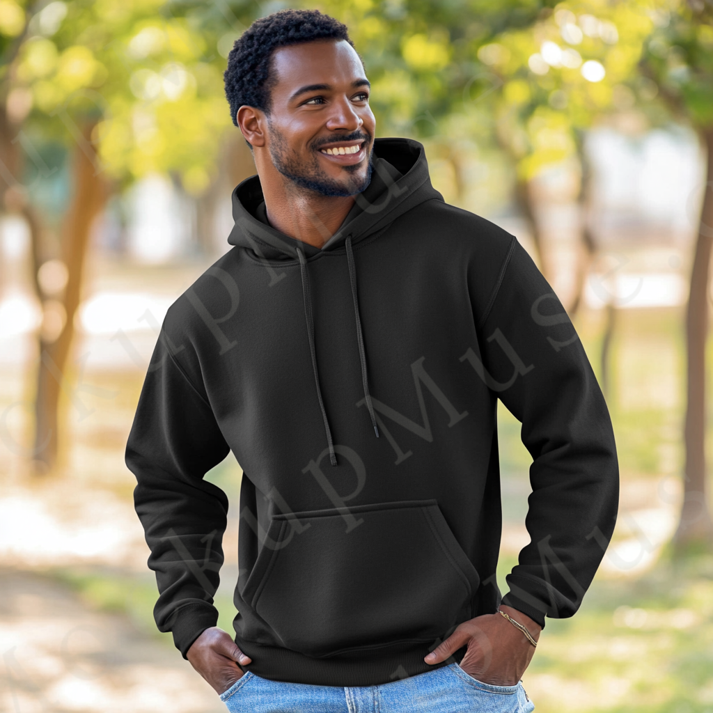 Men’s black Gildan 18500 hoodie mockup, city lifestyle scene, front view, digital download.