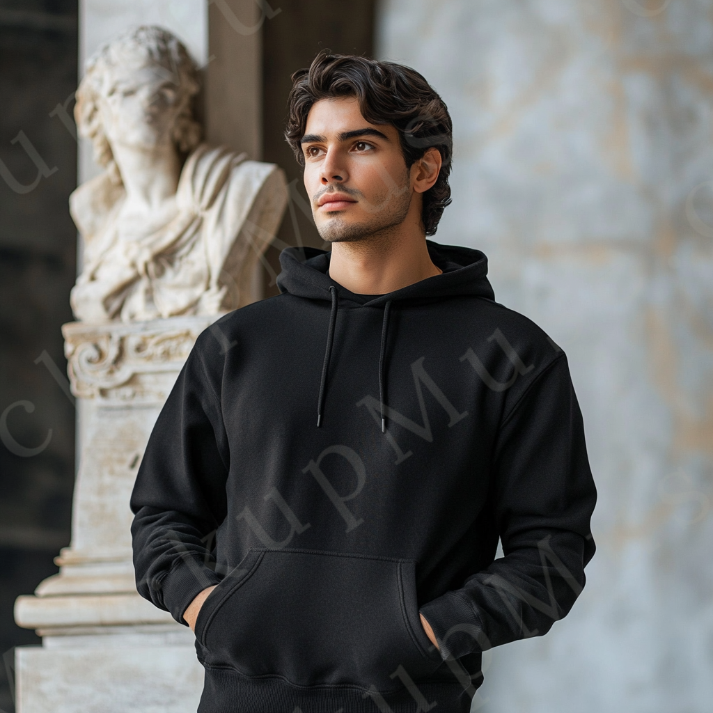 Men’s black Gildan 18500 hoodie mockup, studio scene, front view, digital download.