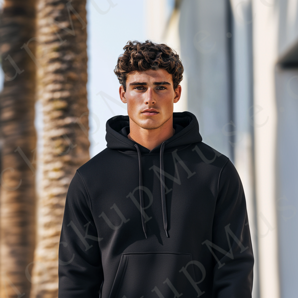 Men’s black Gildan 18500 hoodie mockup, city lifestyle scene, front view, digital download.