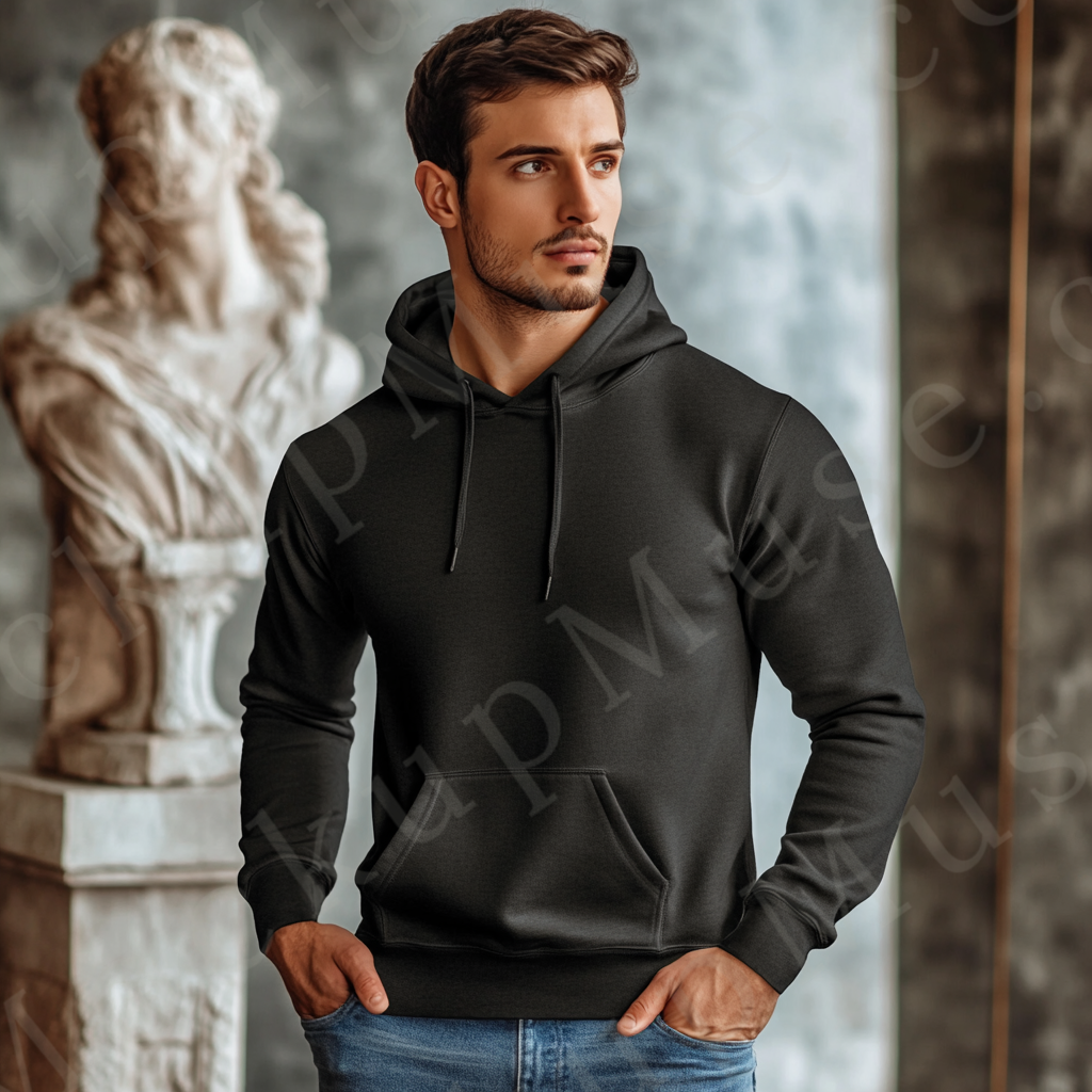 Men’s black Gildan 18500 hoodie mockup, city lifestyle scene, front view, digital download.