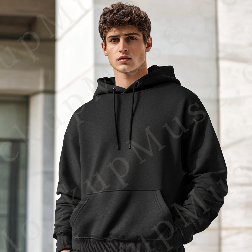 Men’s black Gildan 18500 hoodie mockup, city lifestyle scene, front view, digital download.