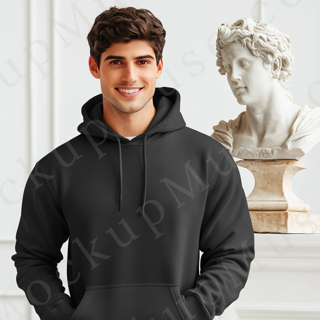Men’s black Gildan 18500 hoodie mockup, city lifestyle scene, front view, digital download.