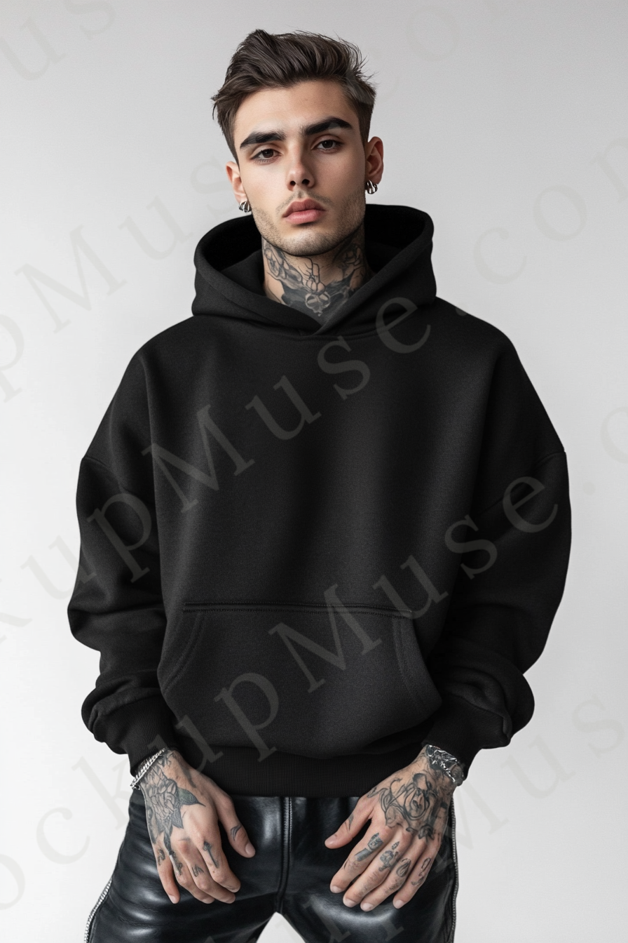 Men’s black Gildan 18500 hoodie mockup, studio scene, front view, digital download.