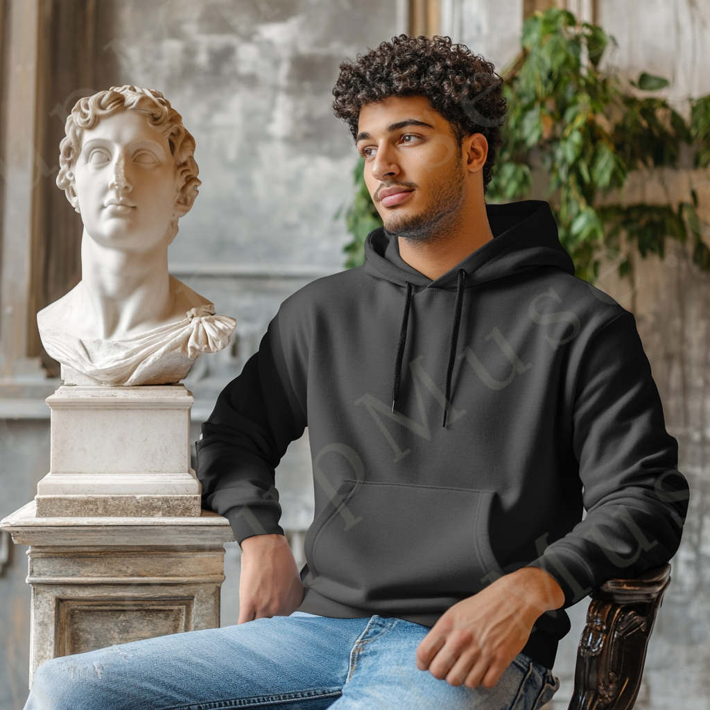 Men’s black Gildan 18500 hoodie mockup, european lifestyle scene, front view, digital download.