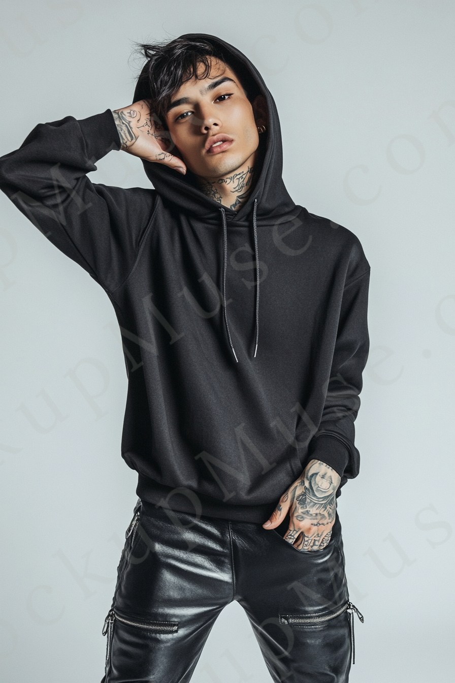 Men’s black Gildan 18500 hoodie mockup, european lifestyle scene, front view, digital download.