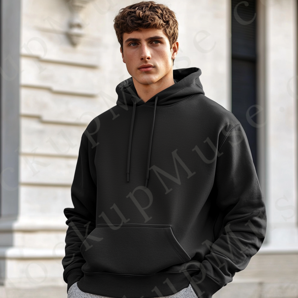 Men’s black Gildan 18500 hoodie mockup, european lifestyle scene, front view, digital download.