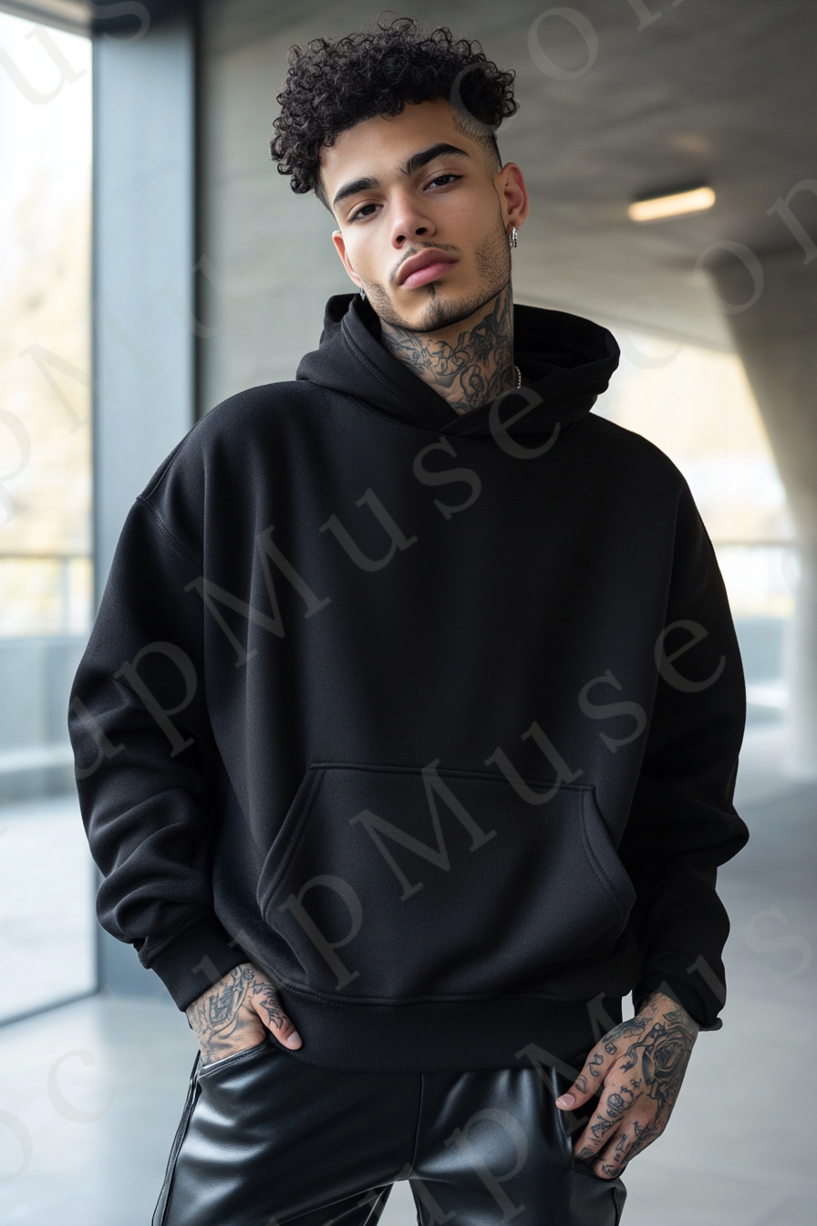 Men’s black Gildan 18500 hoodie mockup, european lifestyle scene, front view, digital download.