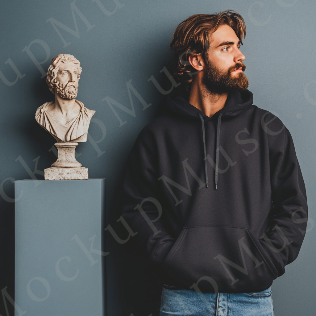 Men’s black Gildan 18500 hoodie mockup, editorial + european lifestyle scene, front view, digital download.