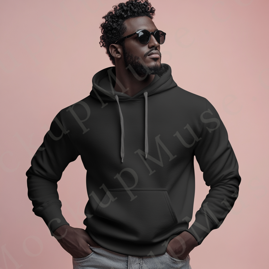 Men’s black Gildan 18500 hoodie mockup, editorial scene, front view, digital download.